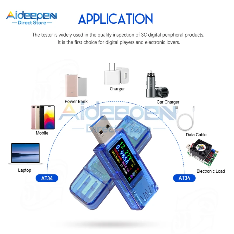 AT34 USB 3.0 컬러 LCD 디스플레이 전압계 전류계 전압 전류 미터 멀티 미터 배터리 충전 보조베터리