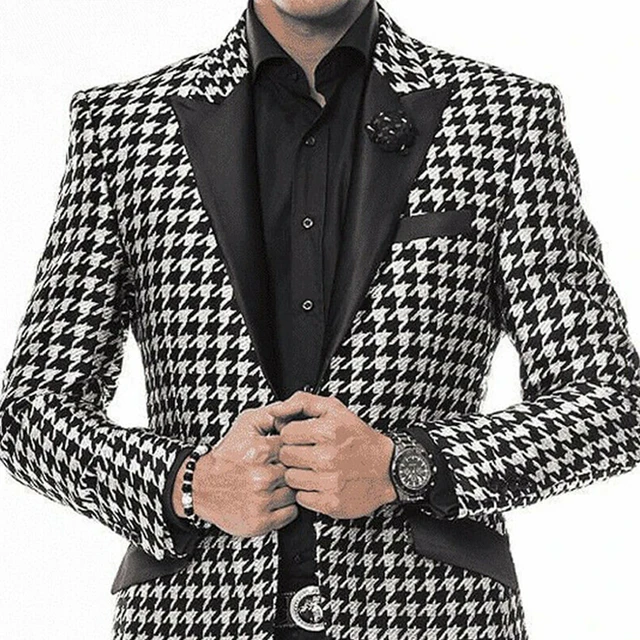 2 Piece Houndstooth Casual Suits for Men Slim Fit Male Jacket with