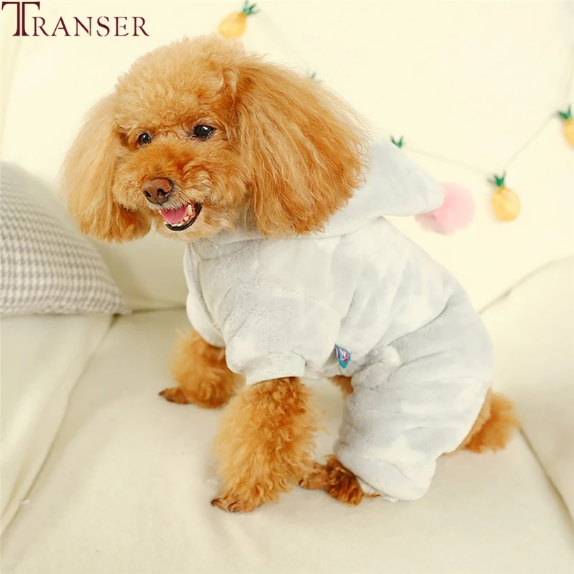 Transer Warm Fleece Gray Dog Jumpsuits Cute Hooded Pet Dog Clothes with Plush Ball Cat Dog Rompers Tracksuit Puppy Clothing 9904