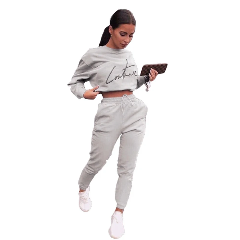 Letter Print Sportswear 2 Piece Set Sweatsuit for Women Round Neck Long Sleeve Crop T Shirts and Straight Pants Matching Set - Цвет: Gray