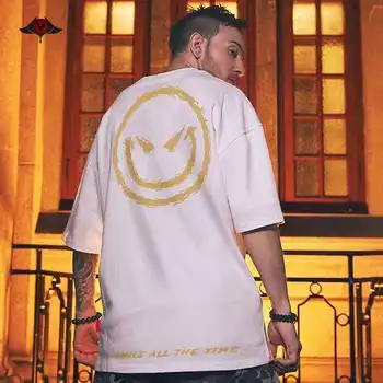 

Hip-Hop Smiley Face Short Sleeve T Shirts Angry Face Print Cotton Tees Streetwear Oversize Black Tops Plus Size