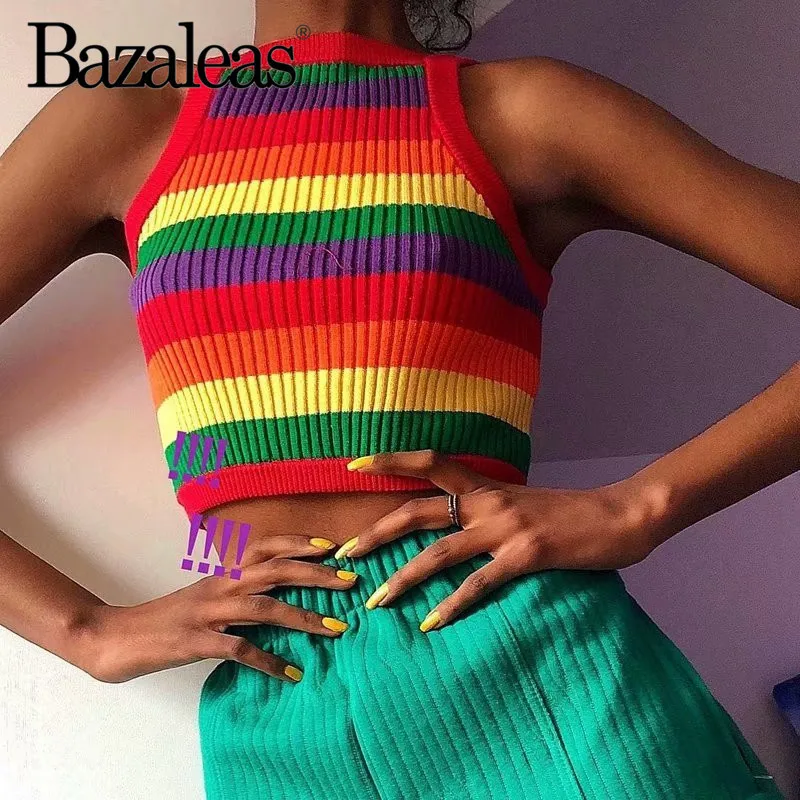 Bazaleas красочные лоскутные сексуальные Camis панк бандажные женские укороченные трикотажные женские Повседневный укороченный топ винтажный топ на бретелях Прямая поставка