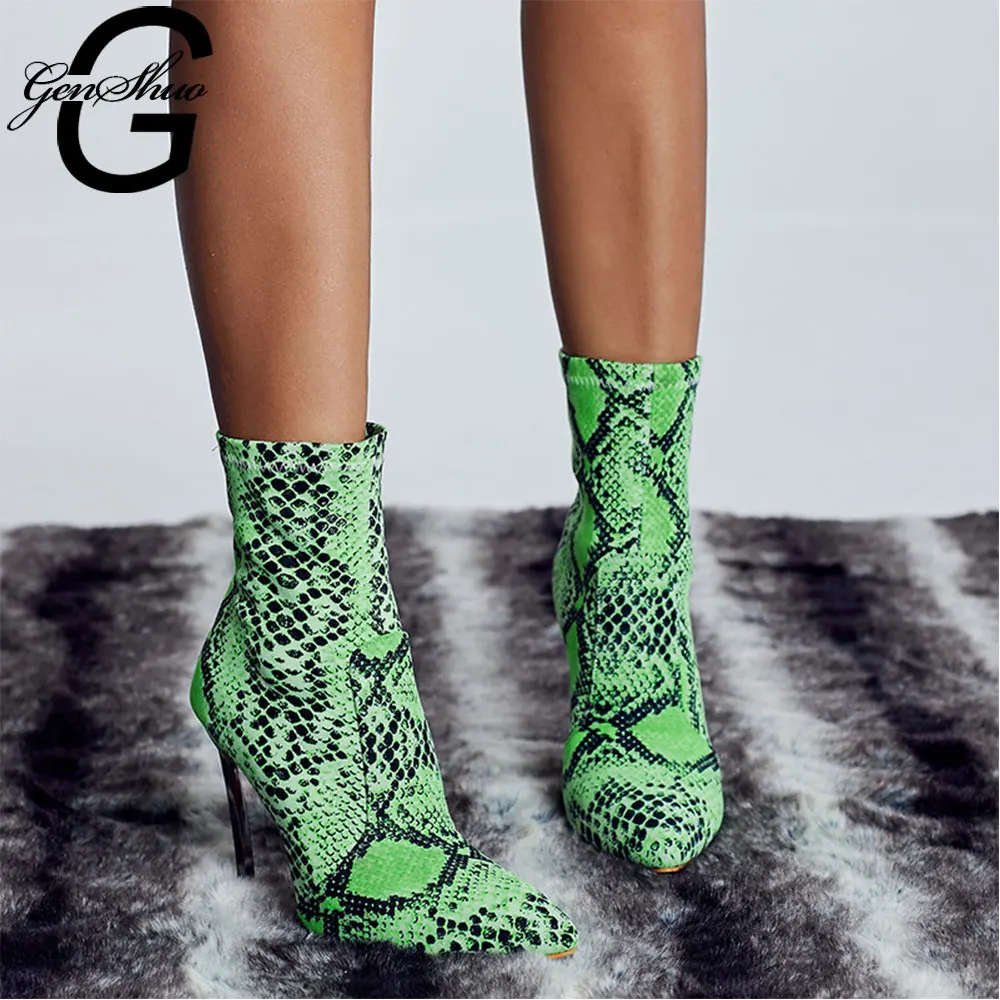 

GENSHUO Stretch Sock Boots Fashion Autumn Neon Green Snake Print PU Leather Ankle Boots For Nightclub Stiletto Pumps Botas Mujer