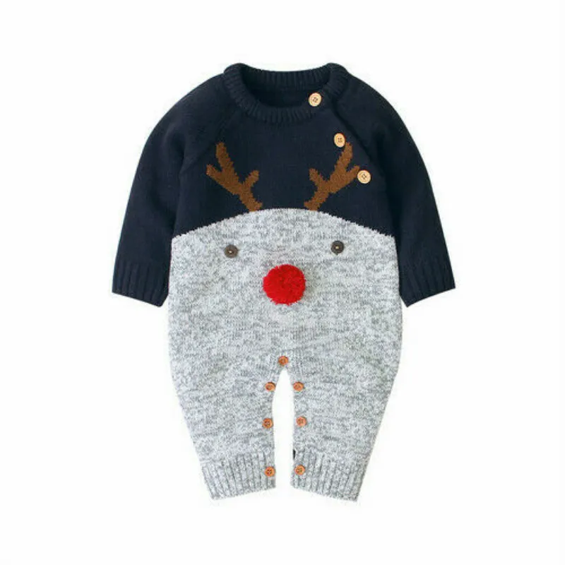 Winter Warm Infant Baby Xmas Jumpsuit Long Sleeve Comfort Knit Cartoon Christmas Elk romper 0-18M Newborn Boys Girls Clothes - Цвет: Тёмно-синий