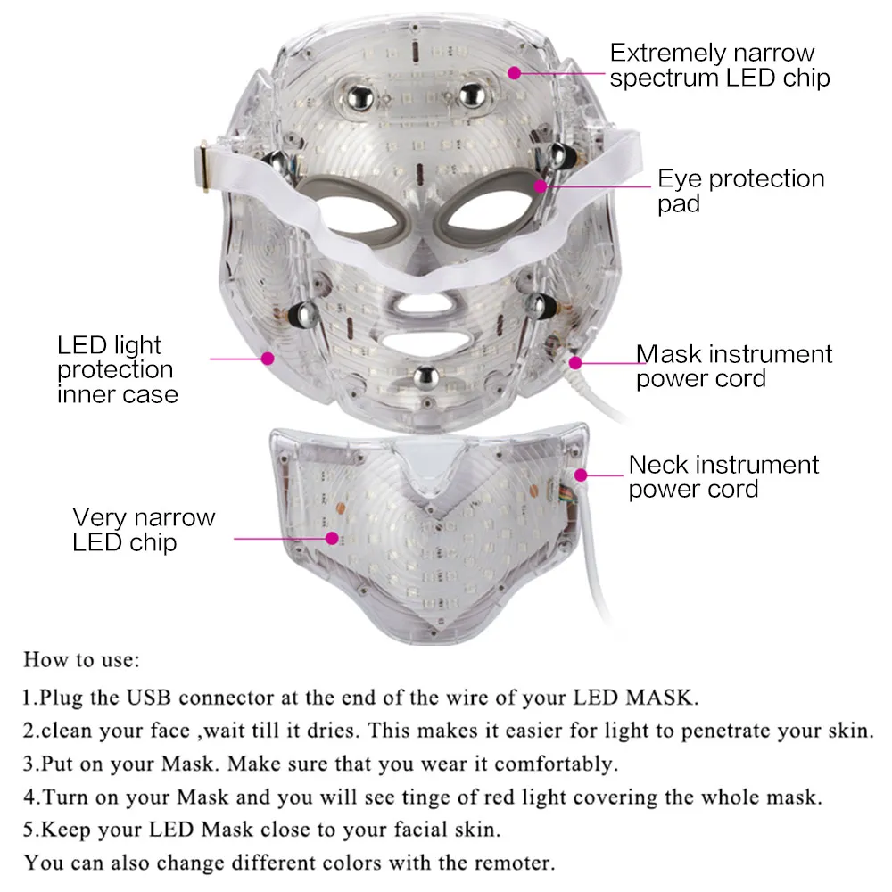 7 цветов Светодиодная фотонная терапия маска для лица с шеей отбеливающая омоложение кожи против морщин, акне косметический аппарат спа для лица