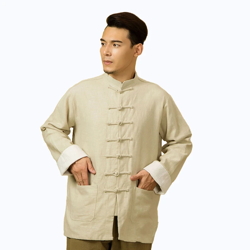 Тан костюм для мужчин Китайская традиционная куртка Осень Повседневная льняная рубашка с длинным рукавом Топы чистый цвет ханьфу кунг-фу наряд-униформа - Цвет: Color4