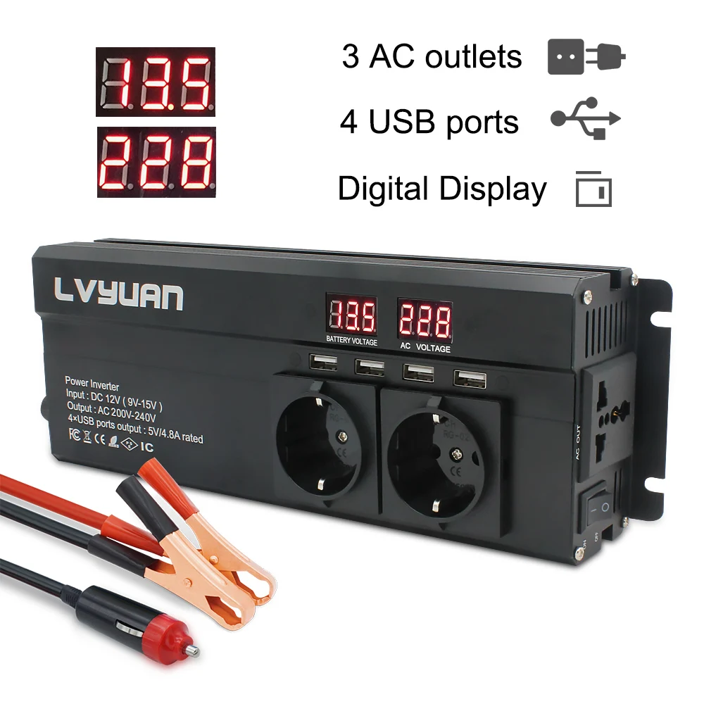 US $49.78 Car Inverter 6000w Peak Dc12v24v To230v Eu Socket Led Display Modified Sine Wave With 48a 4usb 3ac Sockets Power Inverter