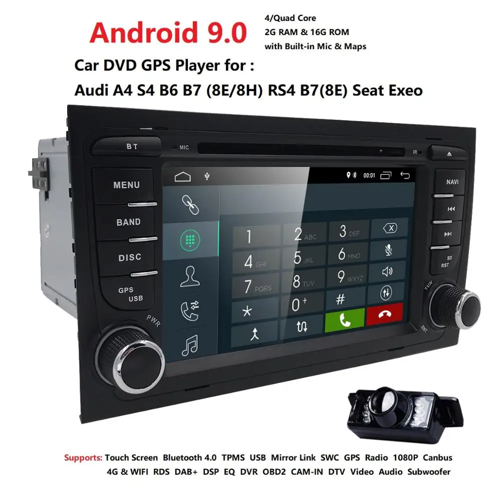 2Din Android 9,0 четырехъядерный автомобильный dvd-плеер для Audi A4 S4 RS4 8E 8H B6 B7 SEAT EXEO стерео, головное устройство навигации TPMS/DAB+/SWC/DVBT