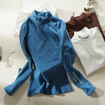 

Pure Cotton Half-Turtle-Neck Base Shirt Women's New Style Brushed plus Velvet Slim Fit Underwear Long-sleeved T-shirt 7908