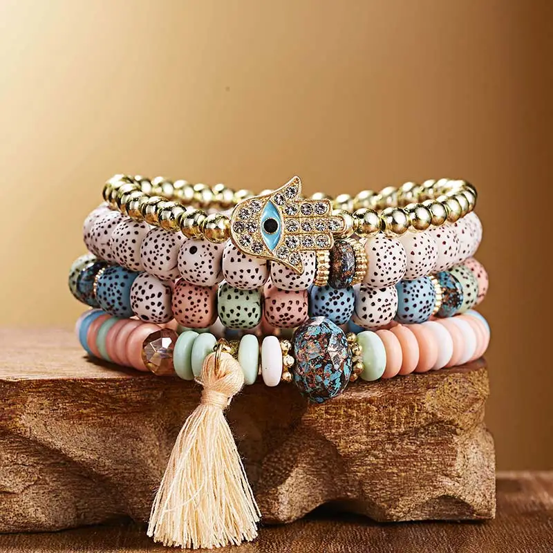 Модные 3-4 шт Boho Многослойные натуральные каменные наручные часы, окрашенные кристаллами Bodhi браслет из бисера