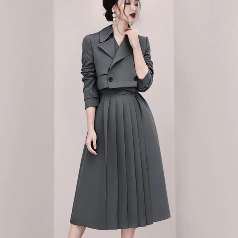 

High Quality Autumn Korean OL Two Piece Set Women Short Blazer Jacket Coat + Drawstring Pleated Skirt Suits Ladies 2 Piece Set
