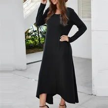 Vestido de mujer talla grande elegante Casual cuello redondo sólido suelto Irregular de manga larga de bolsillo Maxi vestido Otoño Invierno Vestidos 75(China)
