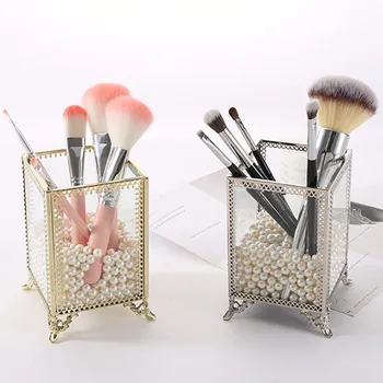 

Nordic Style Cosmetic Pencil Holder Cosmetic Brush Bucket Gold Desktop Storage Tube Box Makeup Brush Organizer Case Brass Frame