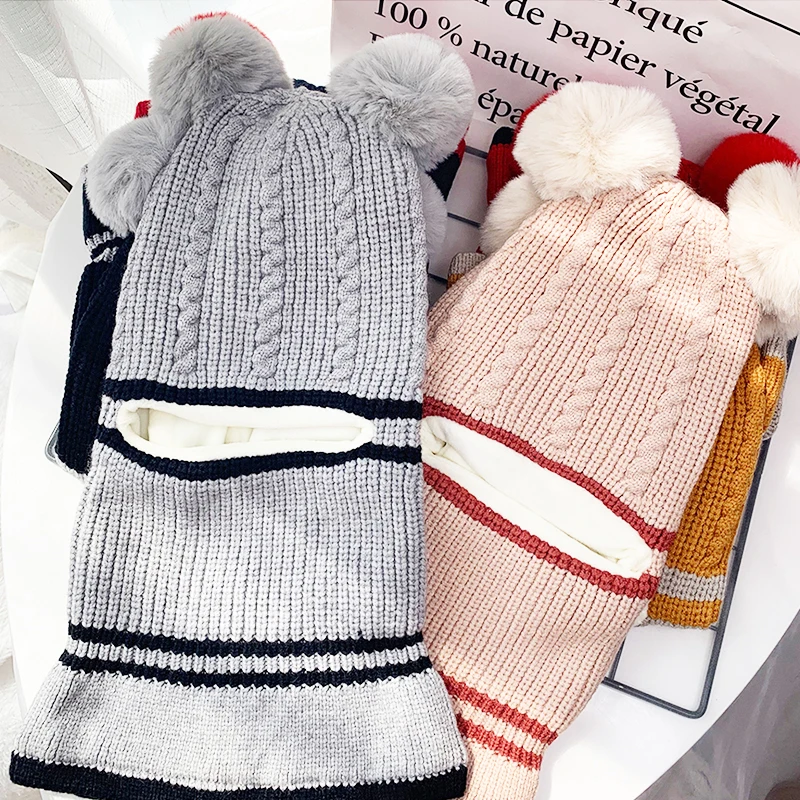 Вязаная шапка; зимняя шапка с шерстяным воротником; сиамская шапка с меховым помпоном; бархатная плотная зимняя теплая шапка с нагрудником; детская шапка