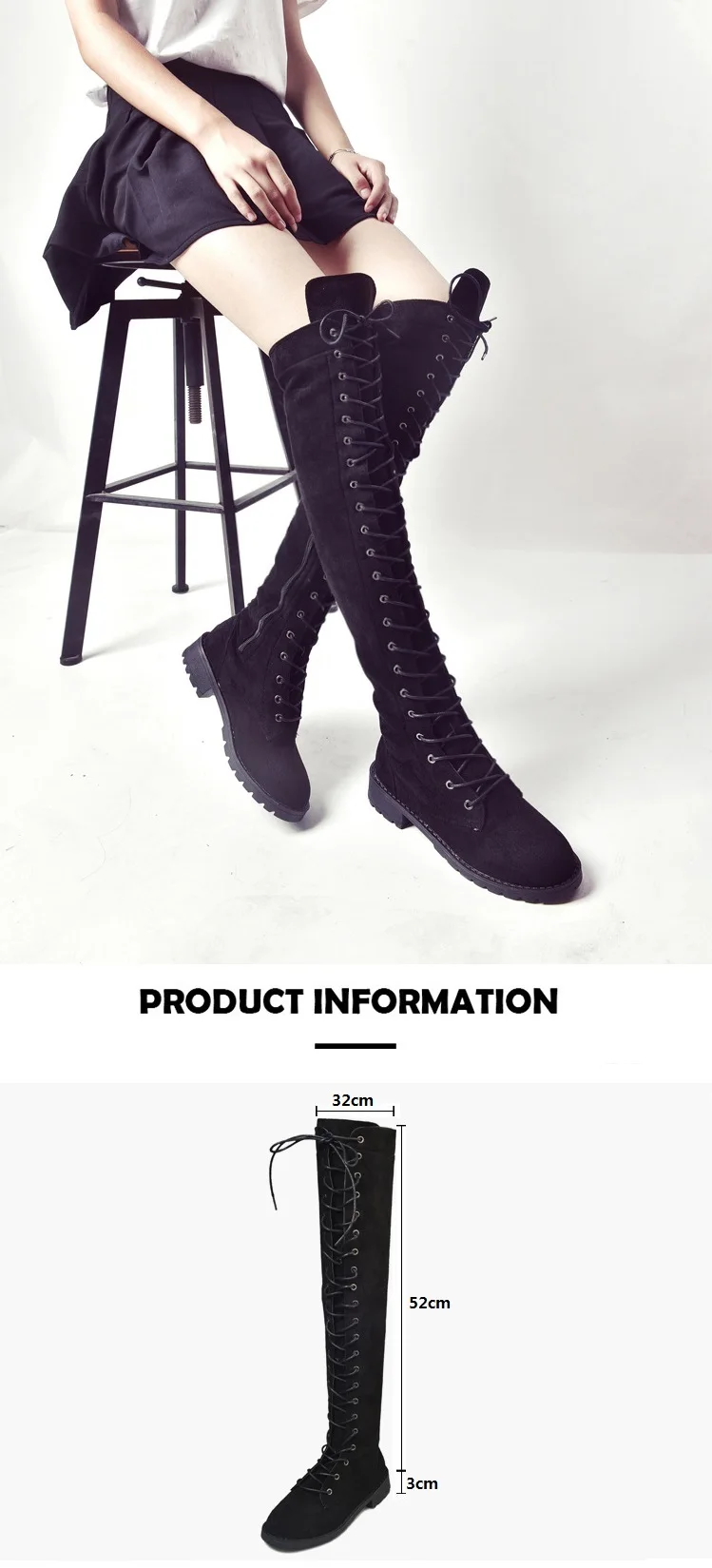 STAN SHARK New Style Women Boots For Autumn Winter Flock Over Knee High Boots Lace Up Fashion Cross Tied Plus Size 35-43
