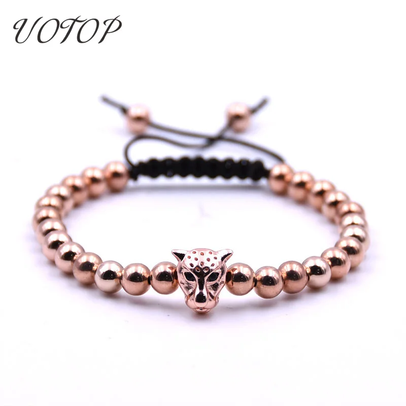 

UOTOP 2019 New Anil Arjandas Rose Gold Silver Color Copper Beads Leopard Head Bracelet Women Men Adjustable Macrame Bracelets