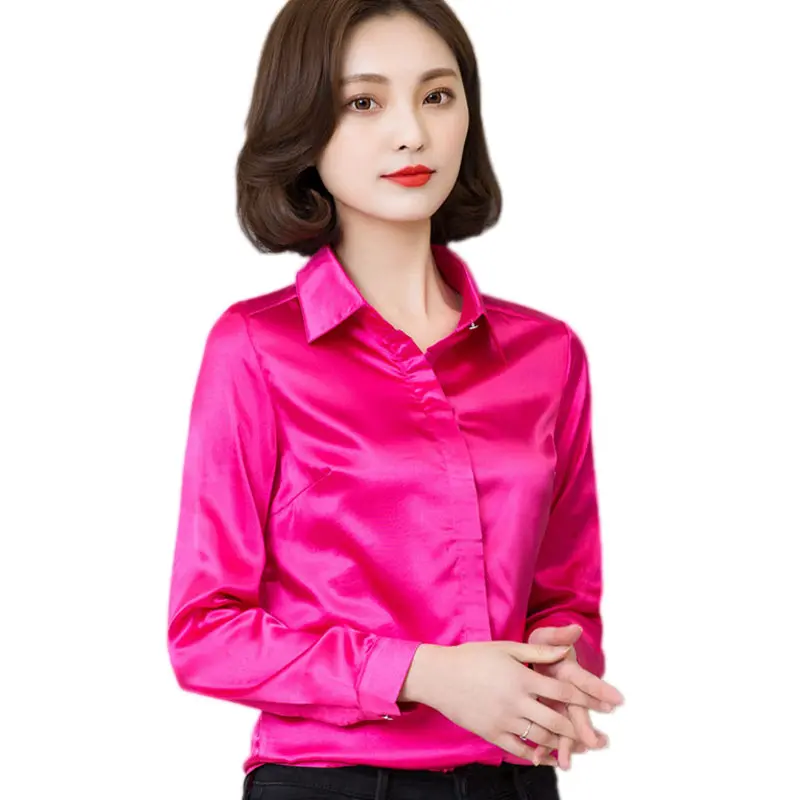 Женская шелковая атласная блузка на пуговицах с длинным рукавом белого золотого