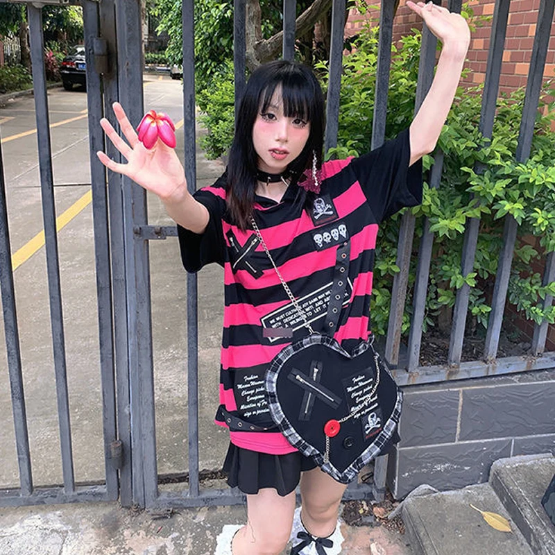 Emo Style T Shirt Summer Goth Striped 