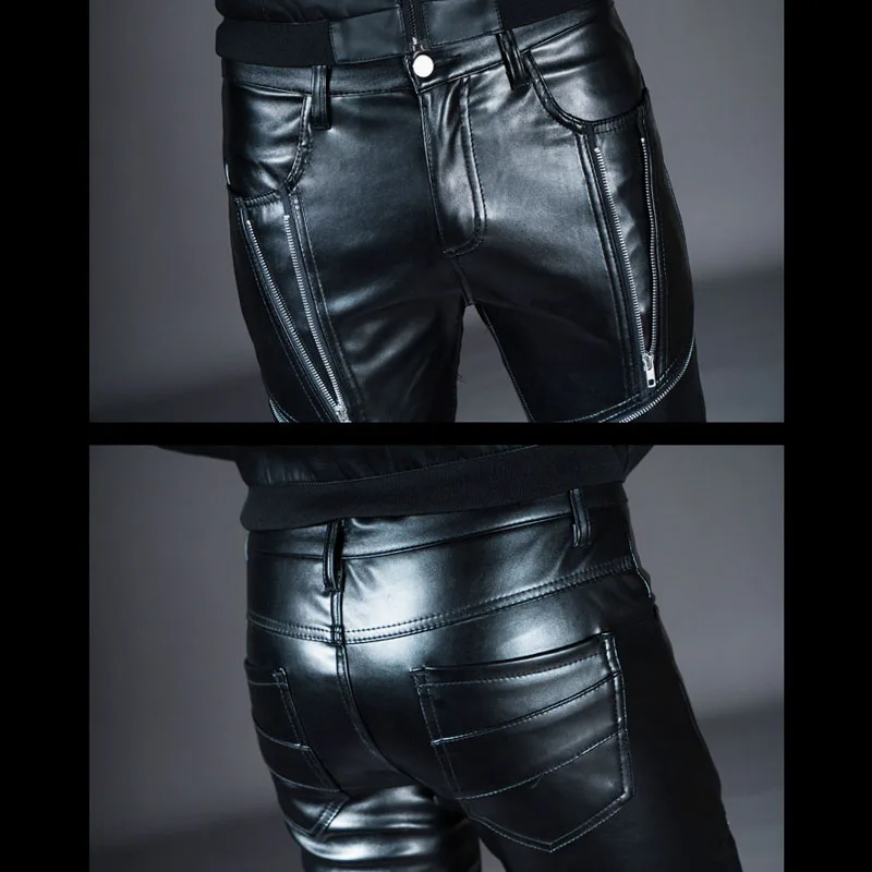 Calças de couro masculinas moda casual calça masculina fino ajuste