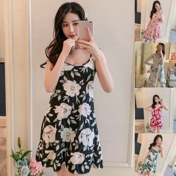 

omen Milk Fiber Sleeveless Nightdress Cute Floral Leaves Print Ruffles Sleepwear Push Up Padded Camis Sling Nightwear