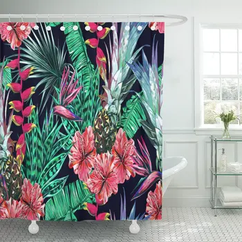 

Tropical Flowers Palm Leaves Jungle Pineapple Hibiscus Bird of Paradise Beautiful Floral Pattern Exotic Shower Curtain