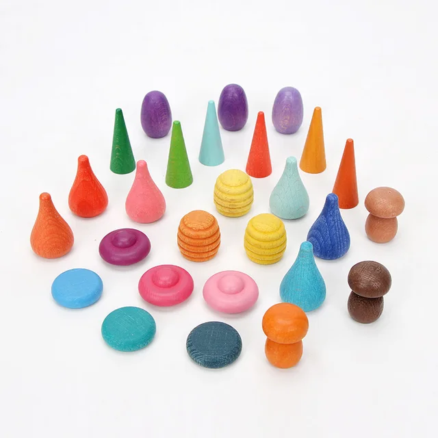 6pcs Wooden Rainbow Stacker Rainbow Blocks Loose Parts Toy Mushrooms Tree cones Wooden Puzzle Blocks Montessori Educational Toys 4