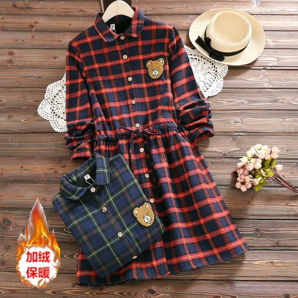 

Japanese-style Mori Girl Style Retro Literature And Art Lace-up Waist Hugging Cute Bear plus Velvet Thick Warm Long-sleeved Dres