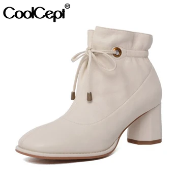 

CoolCept Woman High Heel Boots Genuine Leather Strange Heel Woman Ankle Boot Lace Up Winter Shoes Fashion Shoes Woman Size 34-40