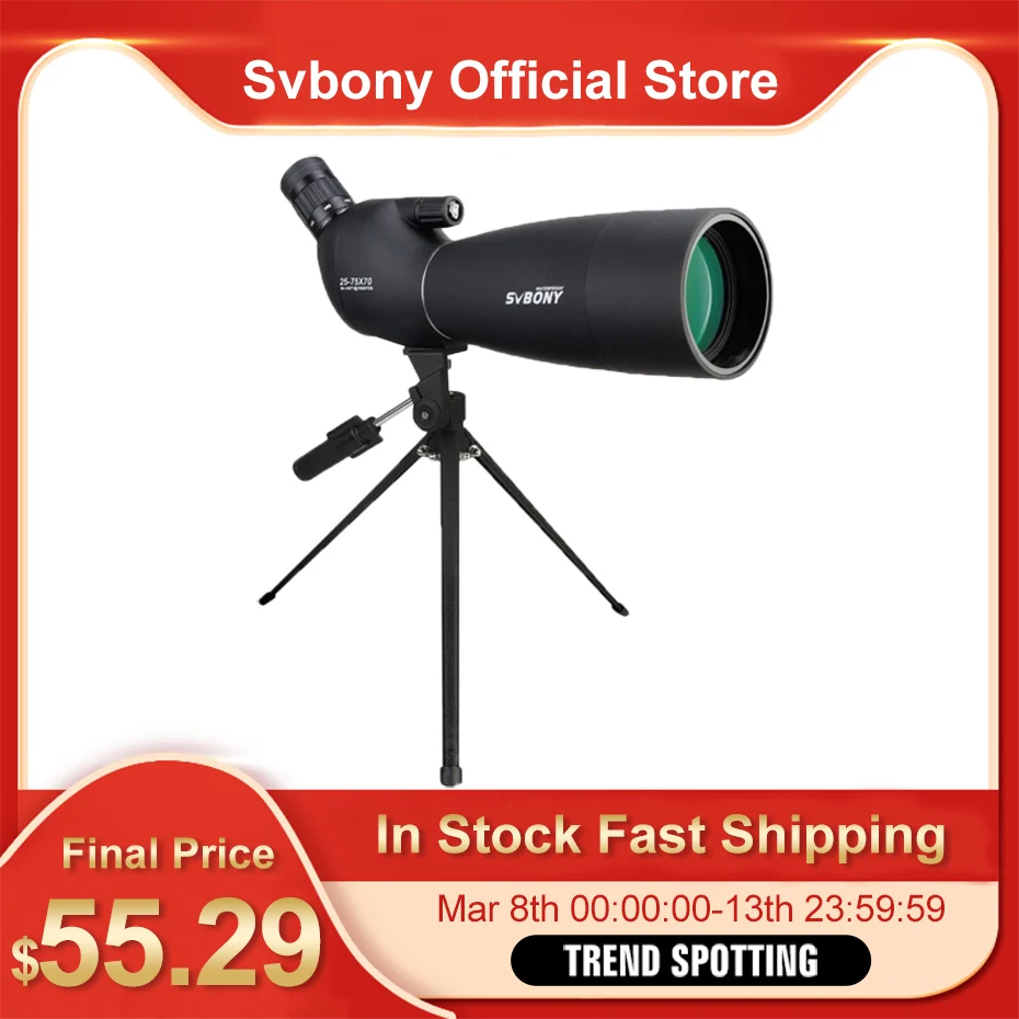 SVBONY 25-75x70 Spotting Scope Long Range Large Eyepiece 21mm Telescope for Target Shooting Archery with Desktop Tripod SV28
