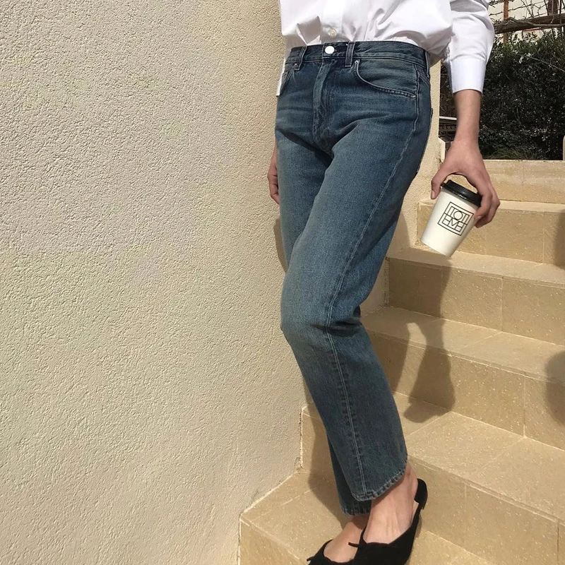 2019 Women Jeans Asymmetrically Cut Vintage Straight  Original Denim Washed Jeans Cropped Rinse Straight Jeans Twisted Seam bell bottom jeans Jeans