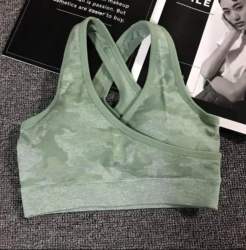Green Bra Камуфляжный комплект из 3 предметов, бесшовные леггинсы, спортивный бюстгальтер с длинным рукавом, укороченный Топ для женщин, одежда для бега в тренажерном зале с высокой талией, для фитнеса, спортивный костюм для йоги - Цвет: Green Bra