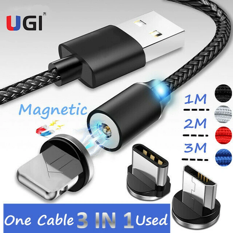 Магнитный кабель UGI 1 м 2 3 А быстрая зарядка Micro USB Тип C для IOS 360 ° нейлоновая