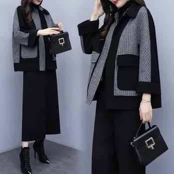 

Woolen Jacket Women 2 Piece Set Wide Leg Pants Suit Elegant Autumn Winter Clothing Office Lady Vintage Plaid Wool Coat Trousers