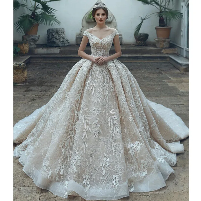 Vestido De Novia, арабское роскошное свадебное платье из тюля с v-образным вырезом и аппликацией,, элегантные свадебные платья с открытыми плечами, свадебное платье, Robe De Mariee - Цвет: Шампанское