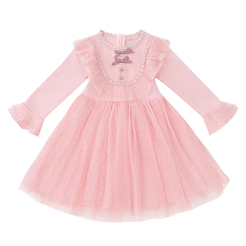 Детская одежда; элегантное платье для девочек с расклешенными рукавами и жемчугом; платье принцессы для свадебной вечеринки; кружевная детская одежда; бальное платье для От 4 до 12 лет - Цвет: Розовый