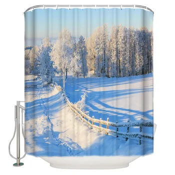 

Fence Snow Forest Winter Shower Curtain Waterproof Polyester Bath Curtain