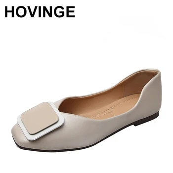 

HOVINGE Women Moccasins Square Toe Flat Shoe Metal Buckle Leather Single Shoes Lazy Loafers Ladies Slip On Shallow Comfortable