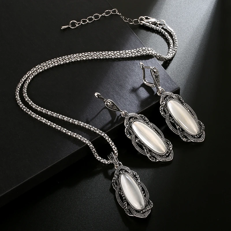 Wbmqda Bohemian Big Opal Stone Earrings Necklace Boho Jewelry Sets Vintage Tibetan Silver Black Crystal Earrings for Women jewelry sets jewelry set women earrings chain necklace