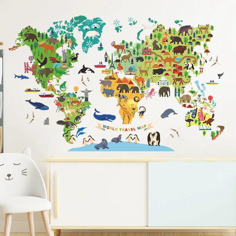 Animals World Map Wall Stickers for Boys Children Bedroom Kids room Wall Decor Removable Sticker for Kindergarten Classroom DIY