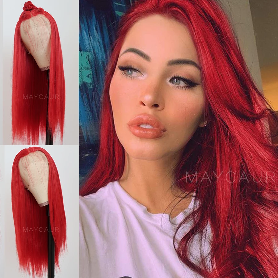 Maycaur Red Blue Green Color Long Straight Lace Front Wigs Heat Resistant Glueless Synthetic Hair Wigs for Women (1)
