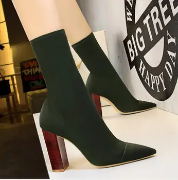 

European and American fashion simple wood grain with thick with high heel pointed elastic Lycra sexy slim socks short boots