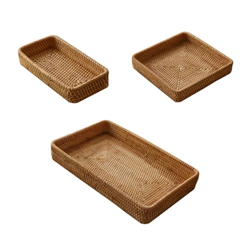 

Rattan Storage Basket Rectangular Wicker Hand Woven Fruit Candy Bread Organizer