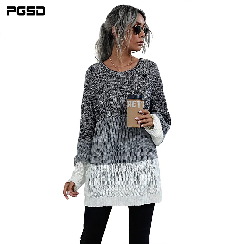 

PGSD New Sweater Women Winter Fashion Korean Clothing Knitted Medium Length Gray White Stripes Long Sleeve O-Neck Top Pullover