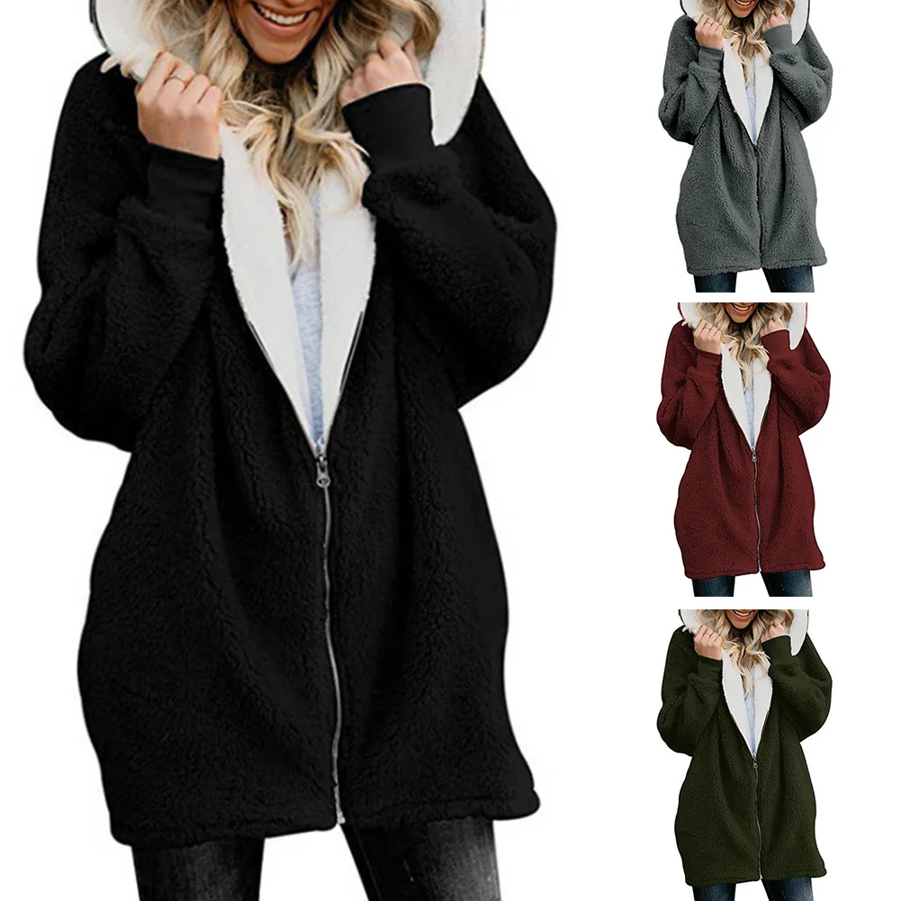 

New Womens Solid Simple Oversized Zipper Warm Hooded Fluffy Coat Outwear with Pocket for Autumn Winter