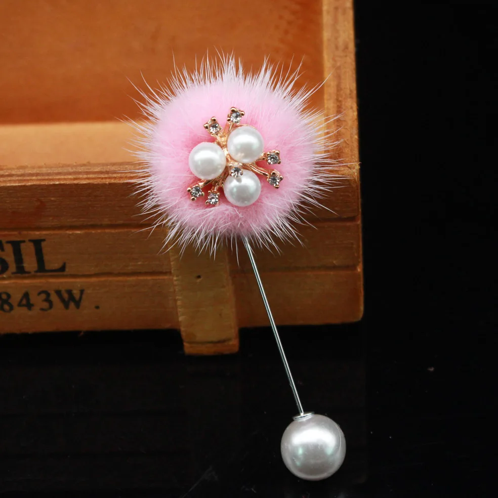 Милый Шарм жемчужная брошь булавки для женщин из корейской норки мех Помпон Мяч Пирсинг отворот булавка брошь воротник ювелирные изделия подарки - Окраска металла: Pink Pompom White