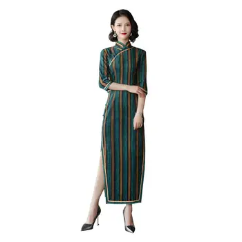 

Shanghai Story Suede Elegant Stripe Cheongsam Qipao Chinese Traditional Dresses Long Dress