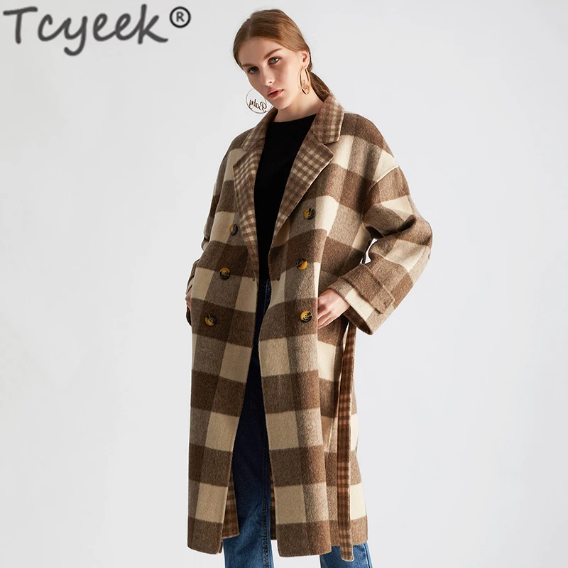 Tcyeek зимнее шерстяное пальто женская осенняя одежда корейская элегантная клетчатая Длинная шерстяная куртка Женские винтажные кашемировые пальто с поясом 009