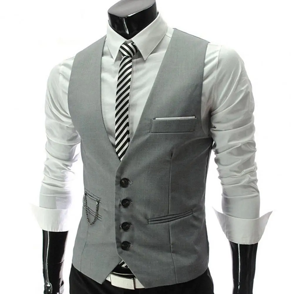 Popular Formal Vest Soft Texture Casual Waistcoat V-Neck All-Match Solid Color Men Formal Business Vest 3