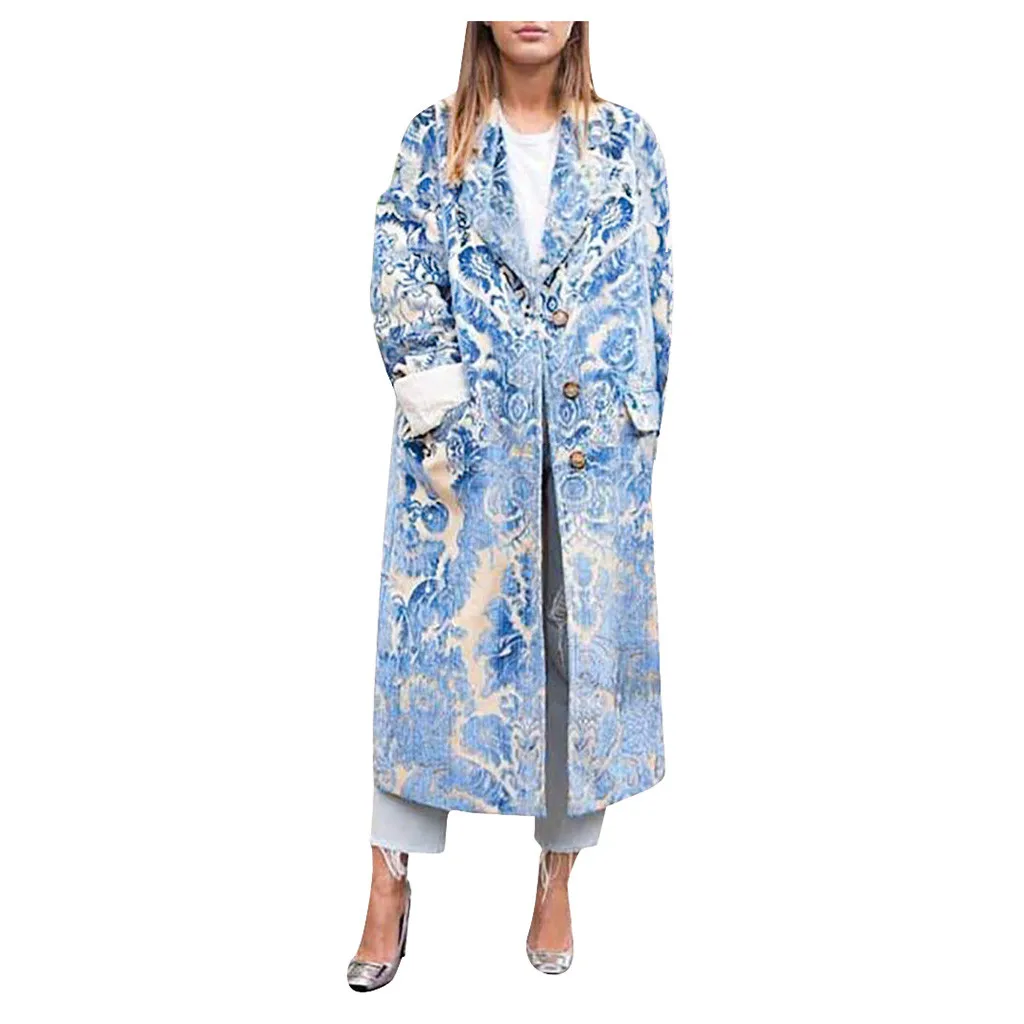 KANCOOLD New Fashion Women's Winter Button Lapel Print Long Sleeve Pocket Casual Overcoat Streetwear Blouse Coat Streetwear