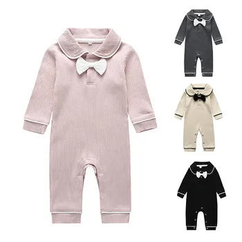 

Autumn Newborn Baby Boys Girls Long Sleeve Ribbed Rompers With Bowtie Baby Winter Warm Stripe Clothes Infant Kid Jumpsuits